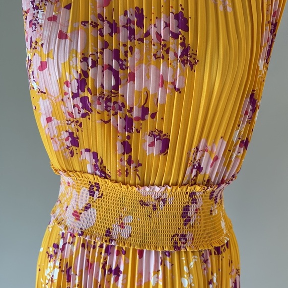 Nanette Laporte high smocked neck / waist accordion midi dress yellow purple 12 - Picture 4 of 12